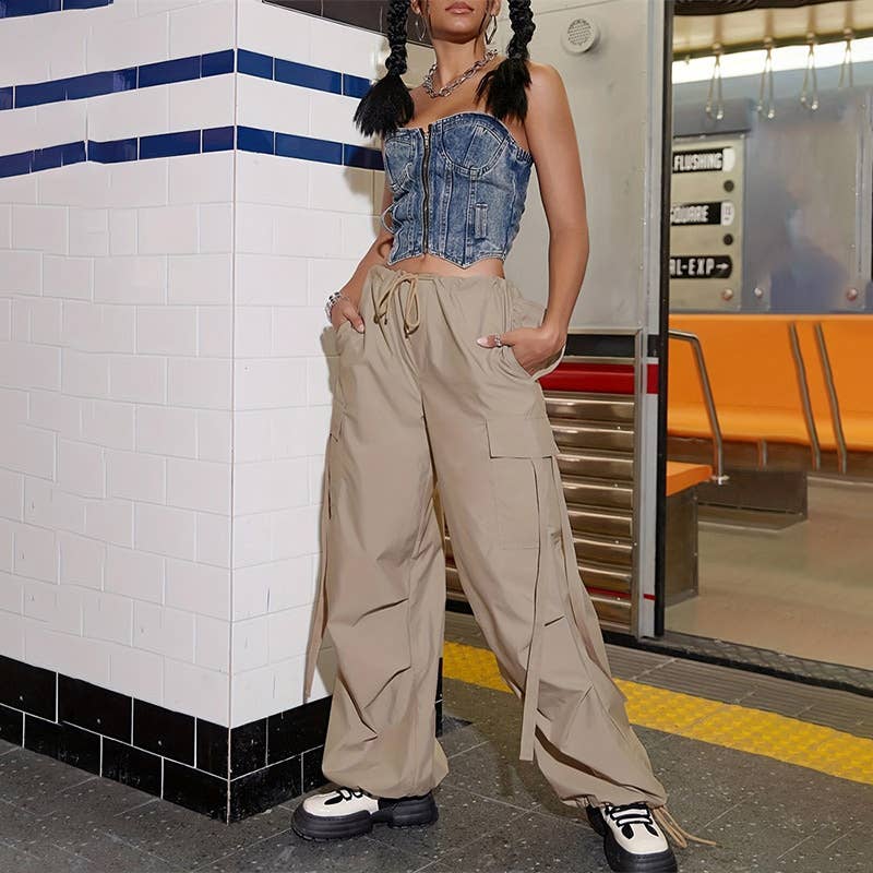 Low-rise drawstring streamers cargo pants