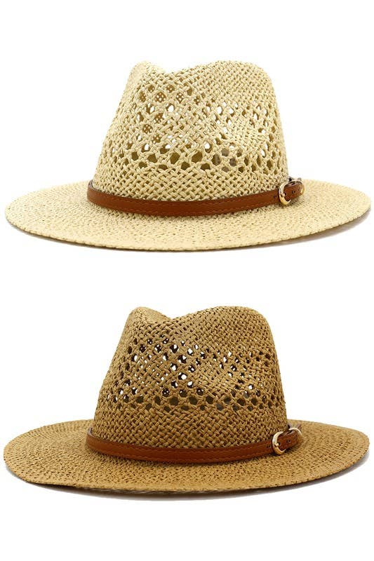 BROWN BELT VENTED WEAVE STRAW HAT_CWAH081