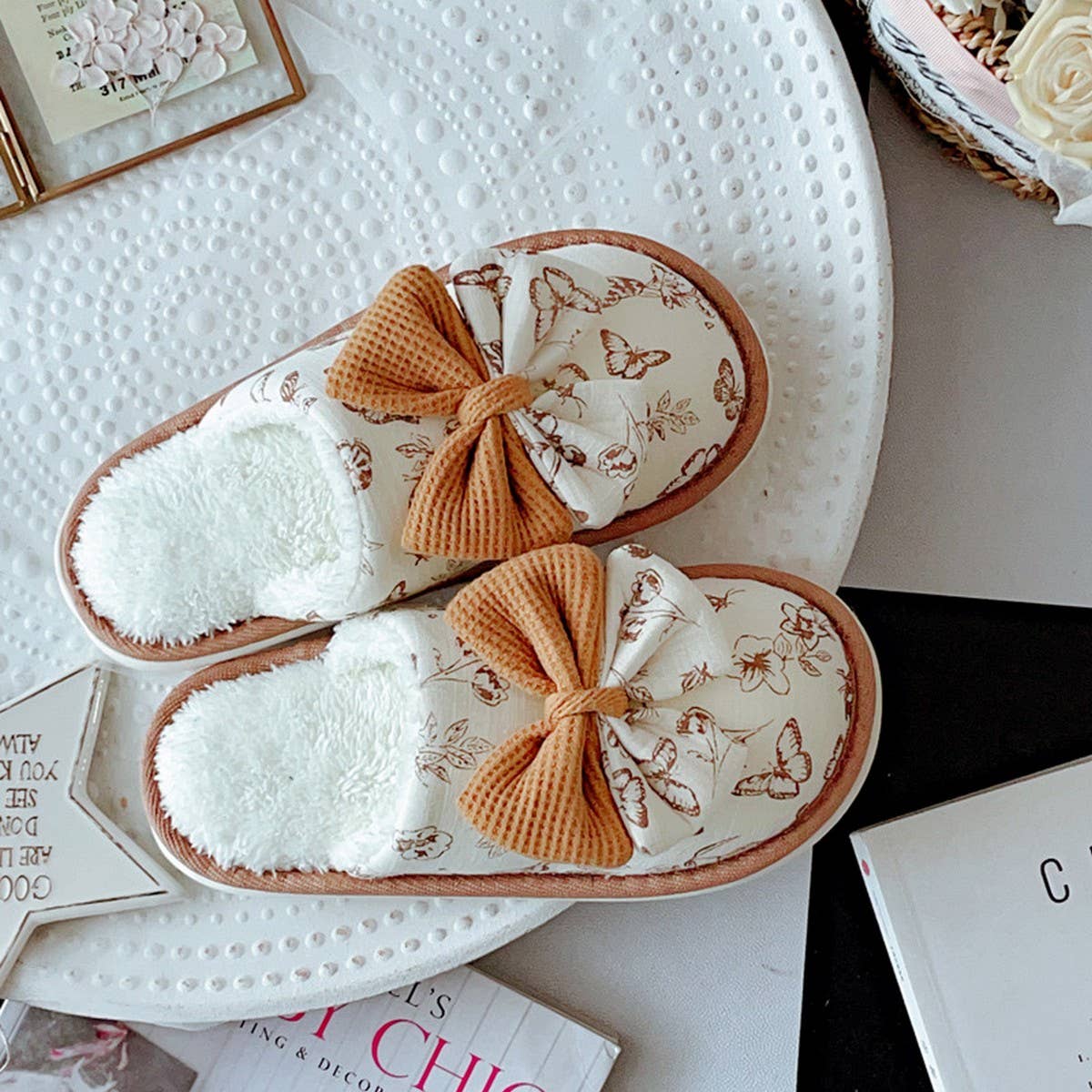NEW FLORAL BOW WARM HOME SHOES FOR WOMEN
