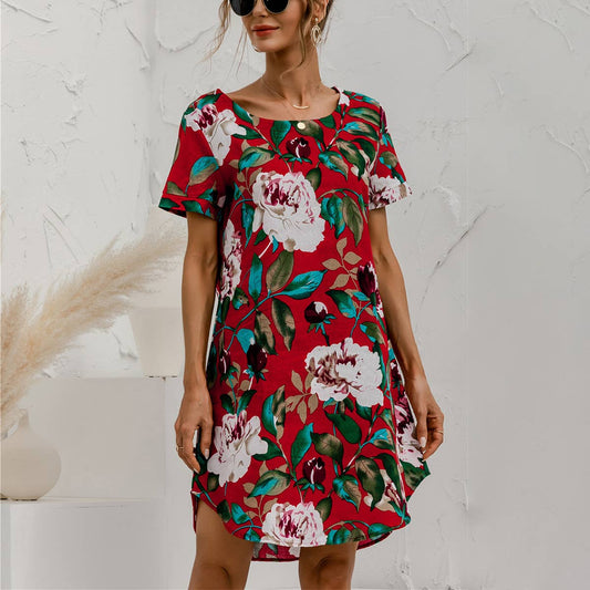 SHORT SLEEVE COTTON AND LINEN FLORAL PRINT DRESS