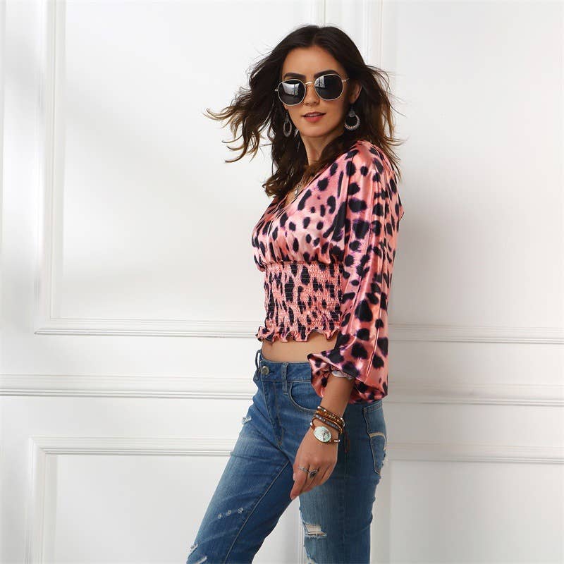 LEOPARD MIDRIFF WAIST FASHION V-NECK T-SHIRT