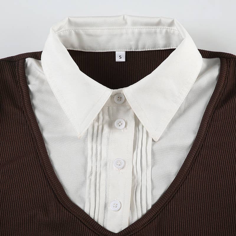 Spliced fake two contrasting color lapel T-shirts