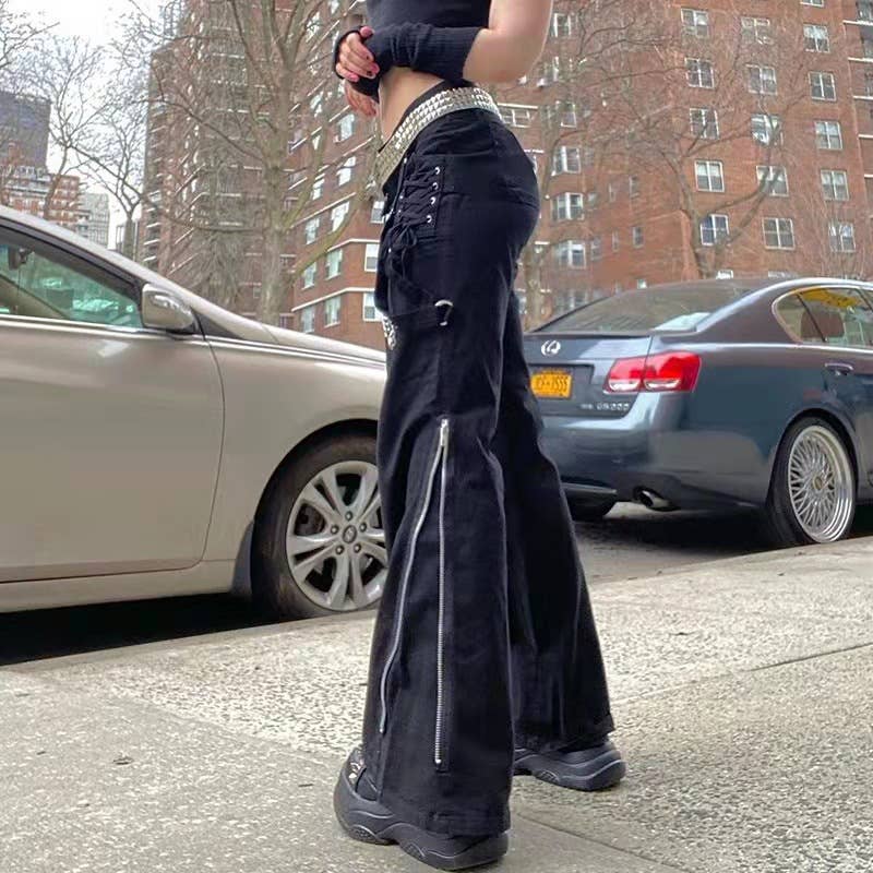 SPLIT POCKETS BLACK HIGH-WAISTED WIDE-LEG PANTS