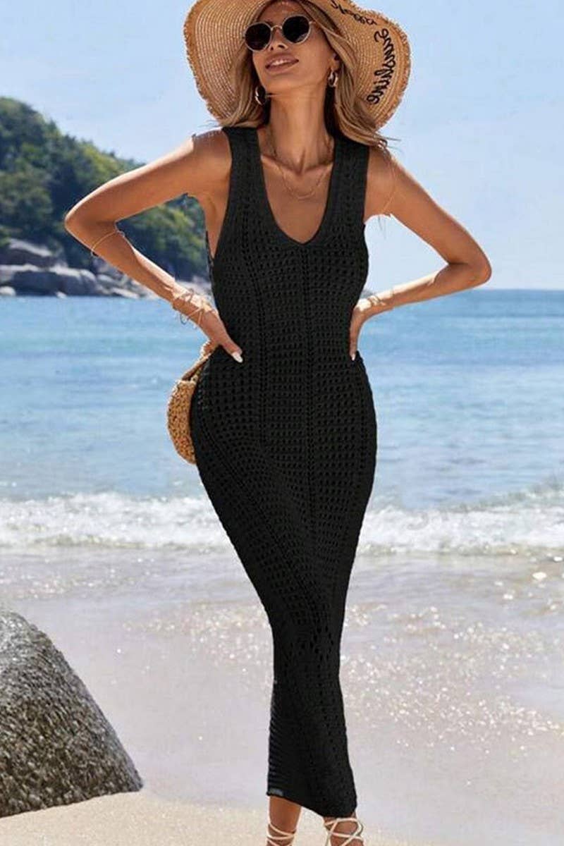 CWDMD4741_KNIT HOLLOW LONG TANK BIKINI COVER UP DRESS