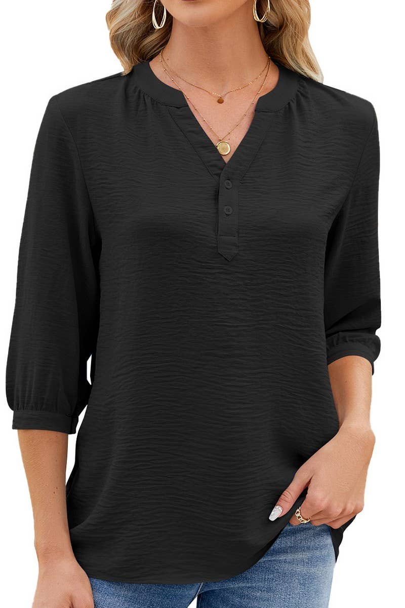 V NECK BUTTON SOLID COLOR LOOSE T SHIRT_CWTSTS0188