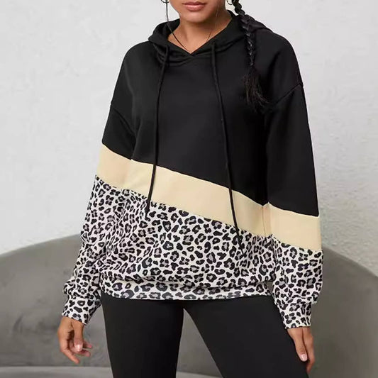 LEOPARD-PRINT PATCHWORK FASHION HOODIE JUMPER