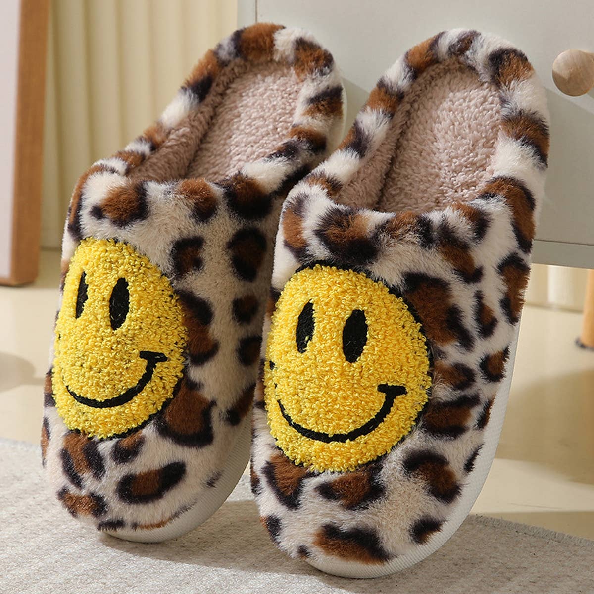 LEOPARD SMILING COTTON FUZZY SLIPPERS WOMEN
