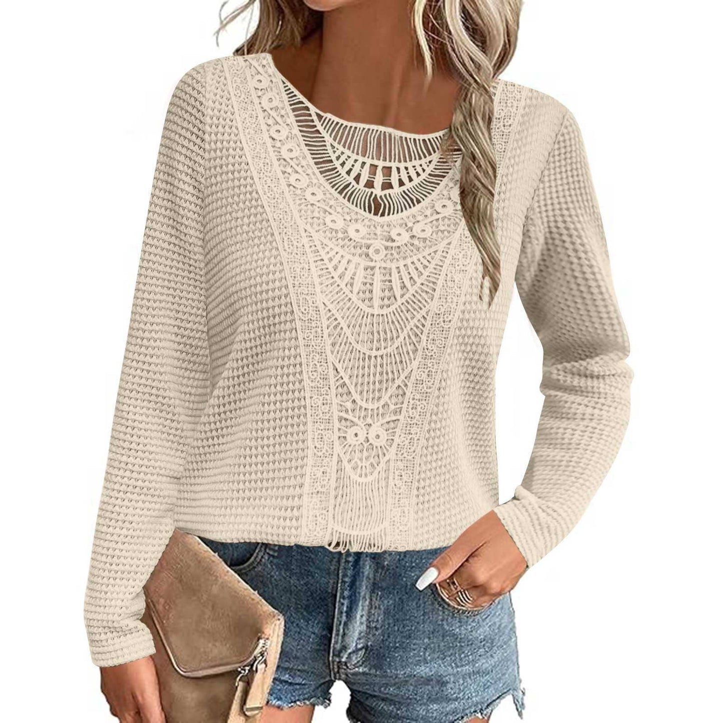 Solid-color teak lace patchwork top T-shirt
