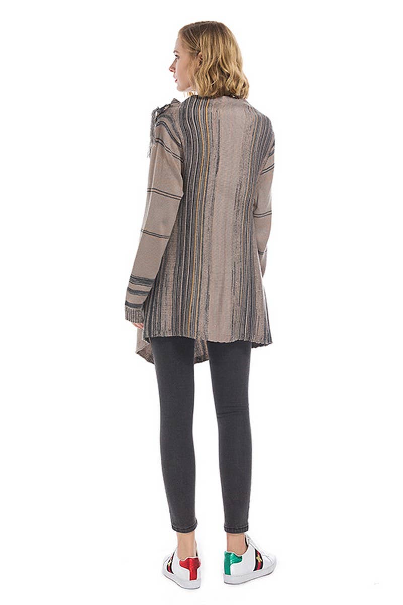 CWOCAL0945_STRIPED LOOSE IRREGULAR TASSEL KNITTED CARDIGAN