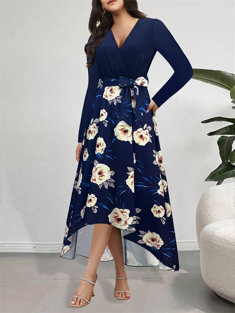 Irregular knitted dress with belt and crew neck