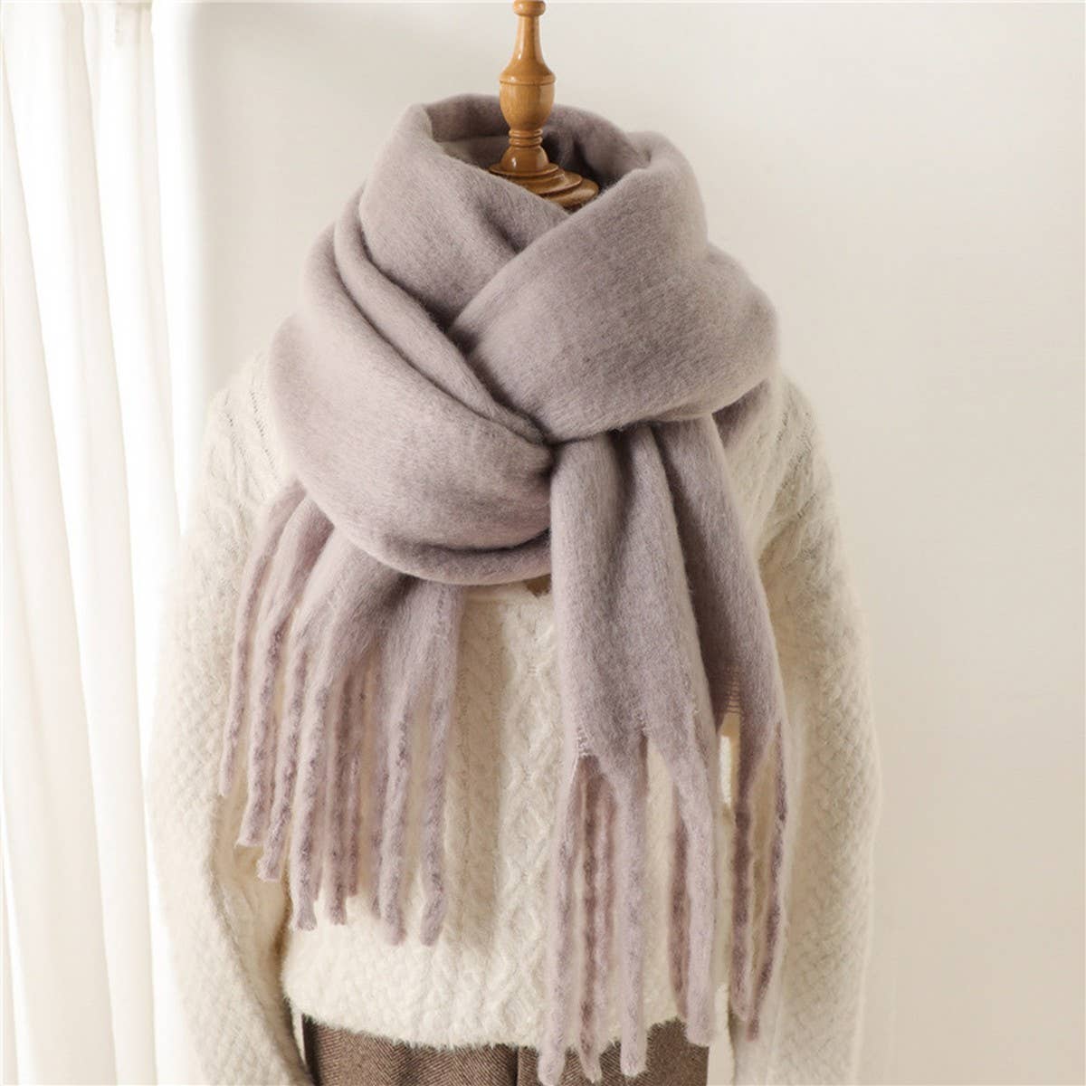 Mohair Tassel Scarf for Winter, Unisex Long Shawl