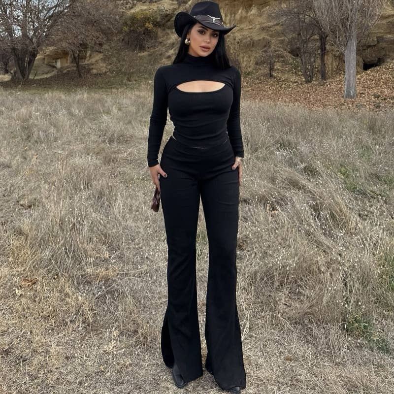 STYLISH CUT-OUT SLIM-FIT STRAIGHT-LEG PANTSUIT