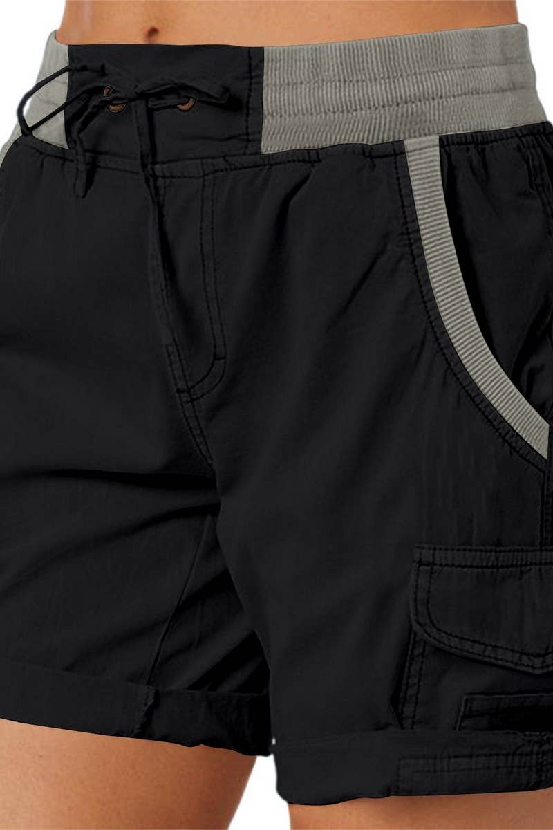CWBSP0562_RETRO SOLID DRAWSTRING RIBBED UTILITY SHORTS
