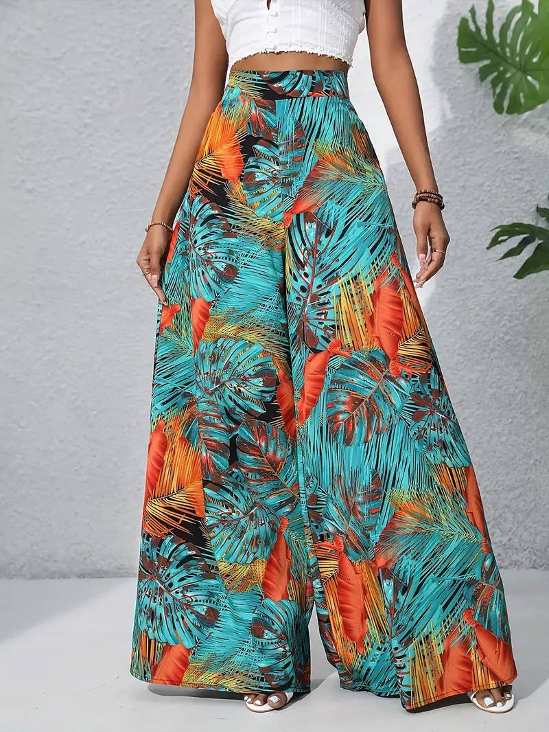 Plant-printed high-waisted wide-leg trousers