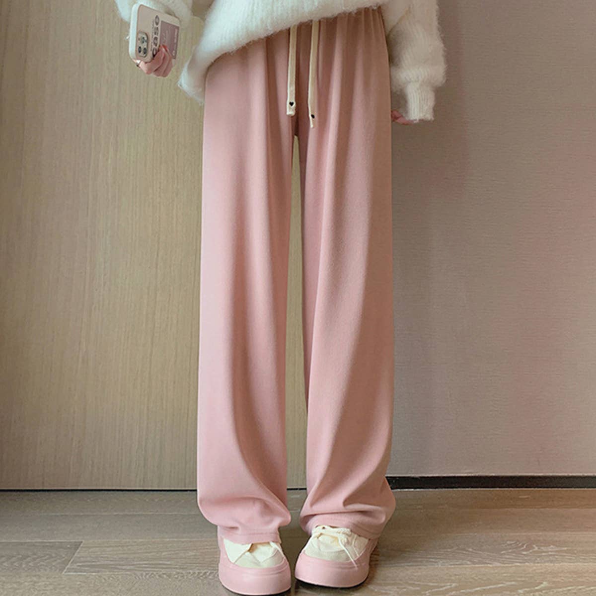 High-waisted drawstring straight pants