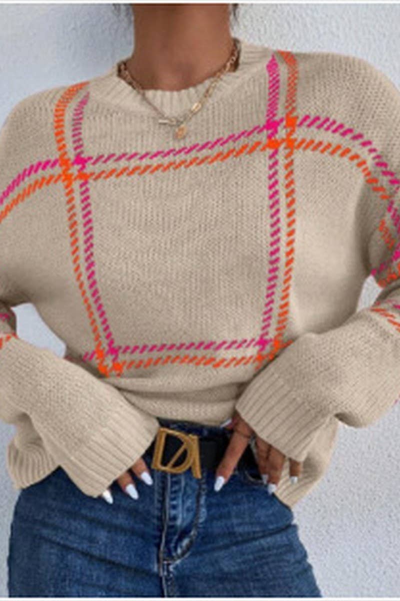 CWOSWL07350_PLAID COLORBLOCK CREWNECK KNIT SWEATER