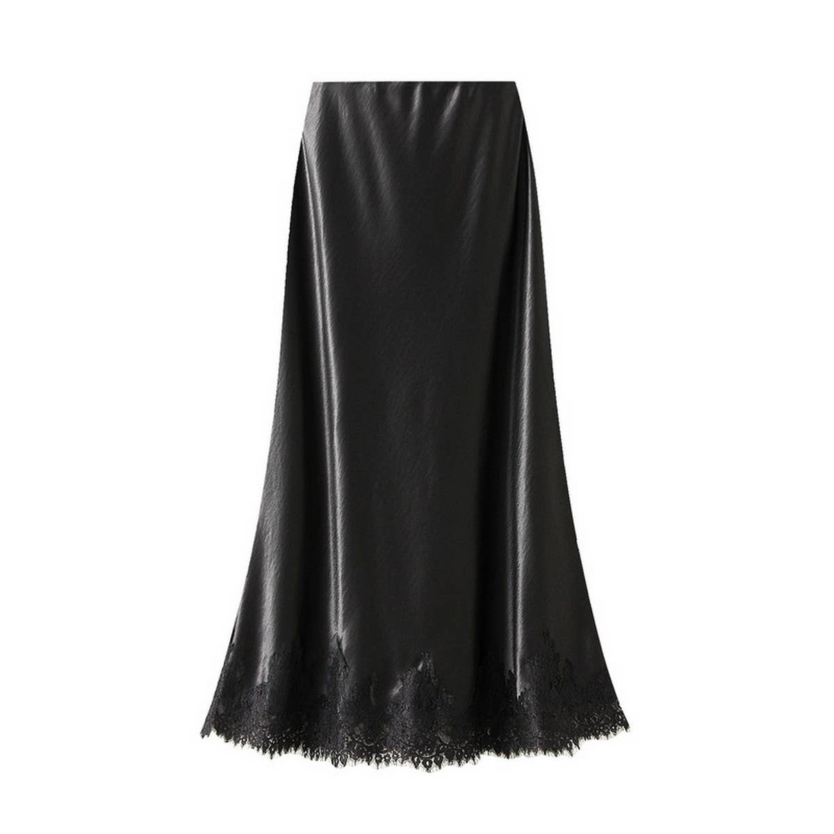 Lace-Trimmed Satin A-Line Midi Skirt with Draping