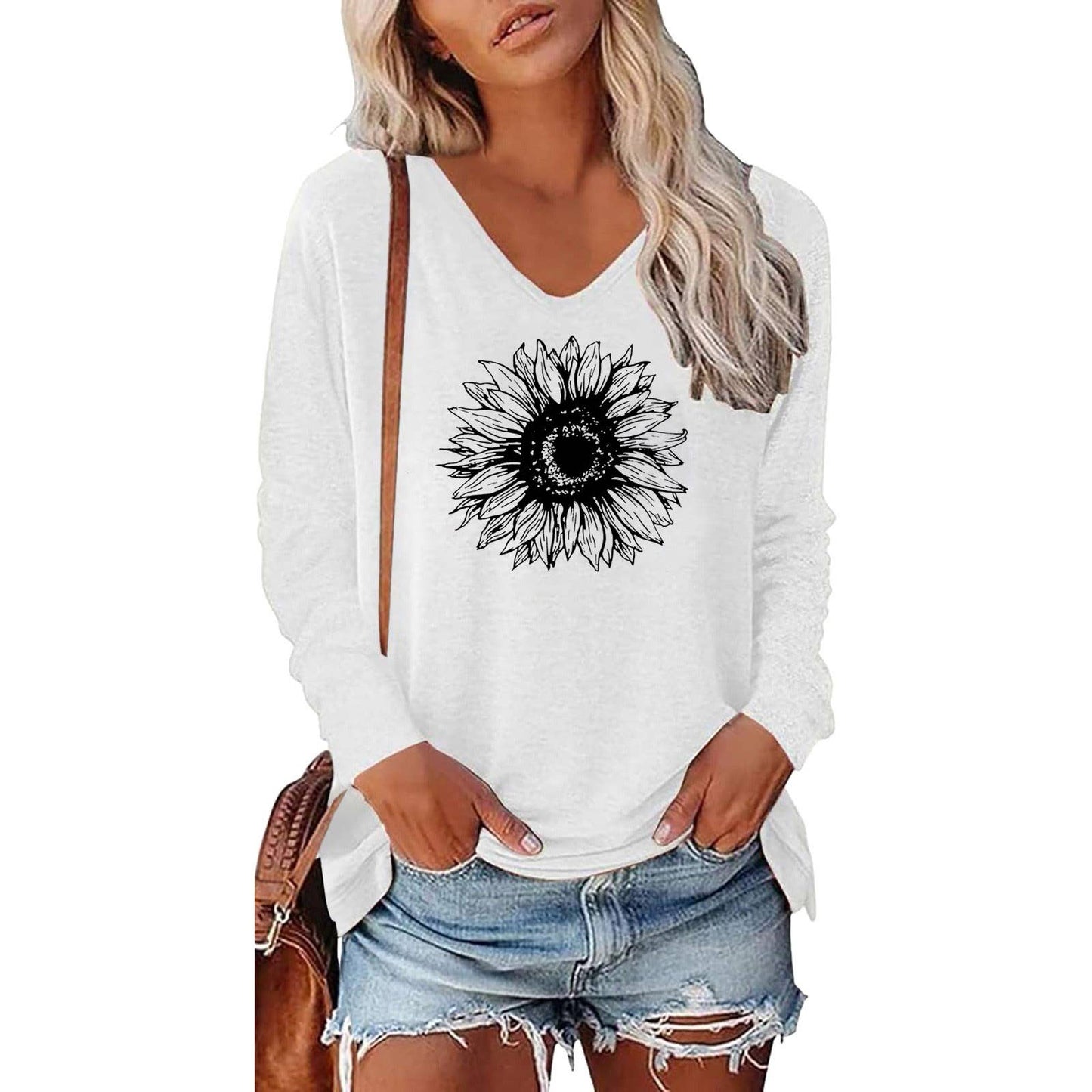 WOMEN'S PRINTED V-NECK LONG SLEEVE LOOSE T-SHIRT