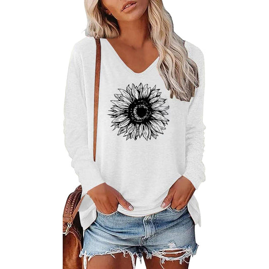 WOMEN'S PRINTED V-NECK LONG SLEEVE LOOSE T-SHIRT