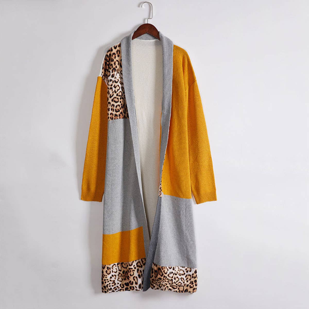 LEOPARD PRINT CONTRAST COLOR LONG KNIT CARDIGAN