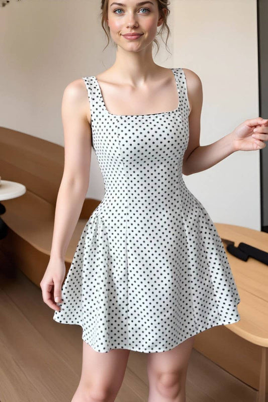 CWDSD10511_PURE DESIRE STYLE SLIM SQUARE NECK POLKA DOT DRES