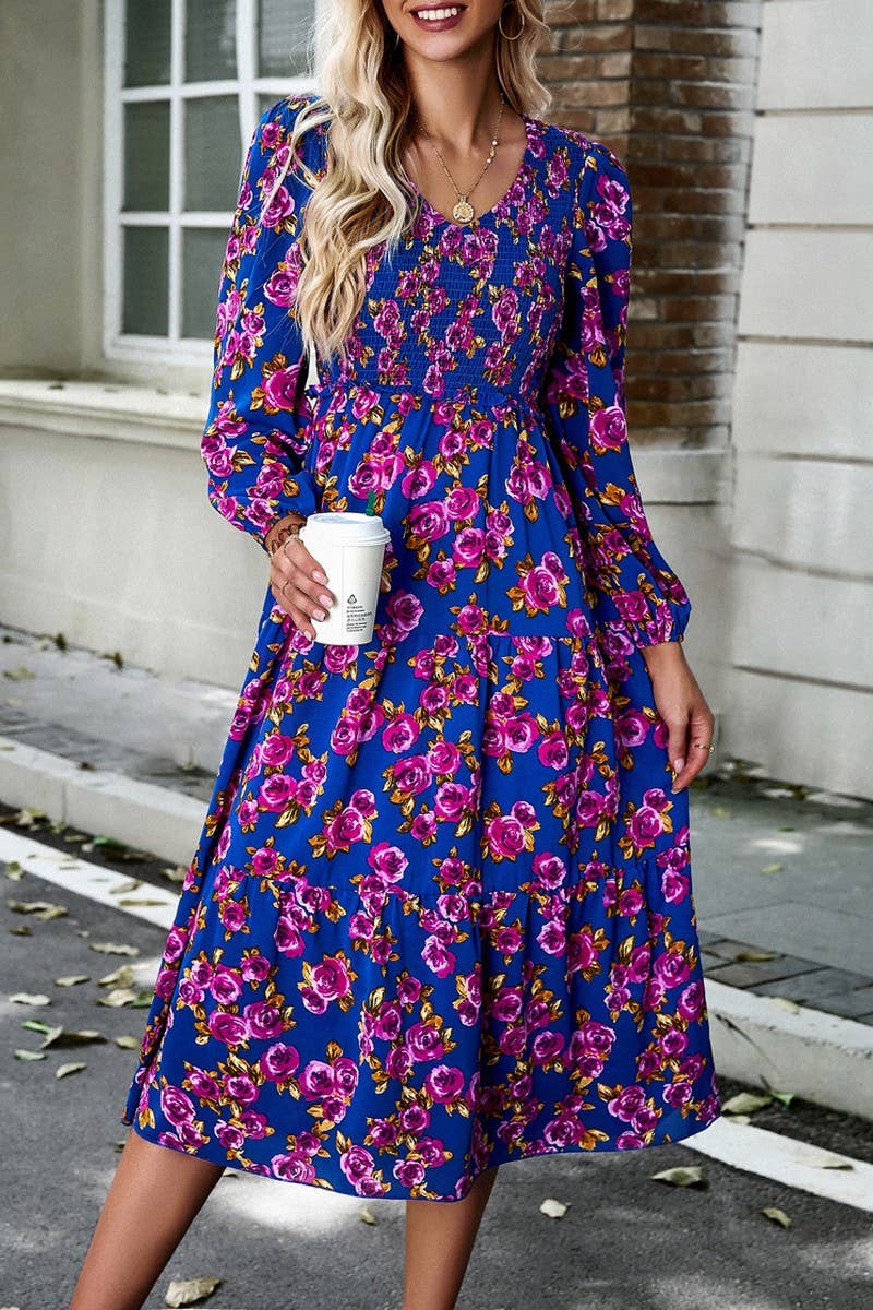 WOMENS V NECK LONG SLEEVE PRINTED DRESS_CWDMD0706