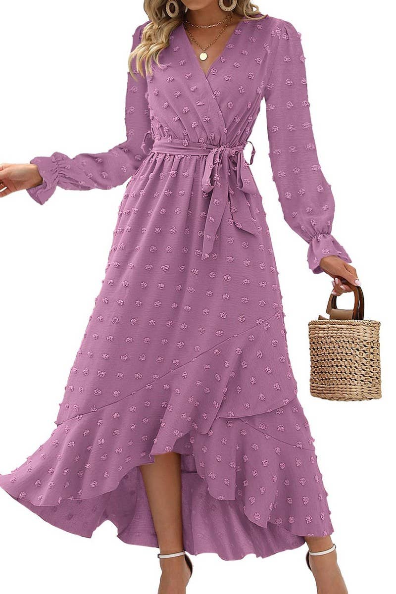 CWDMD4714_ELEGANT POLKA DOT LONG SLEEVE HIGH WAIST DRESS