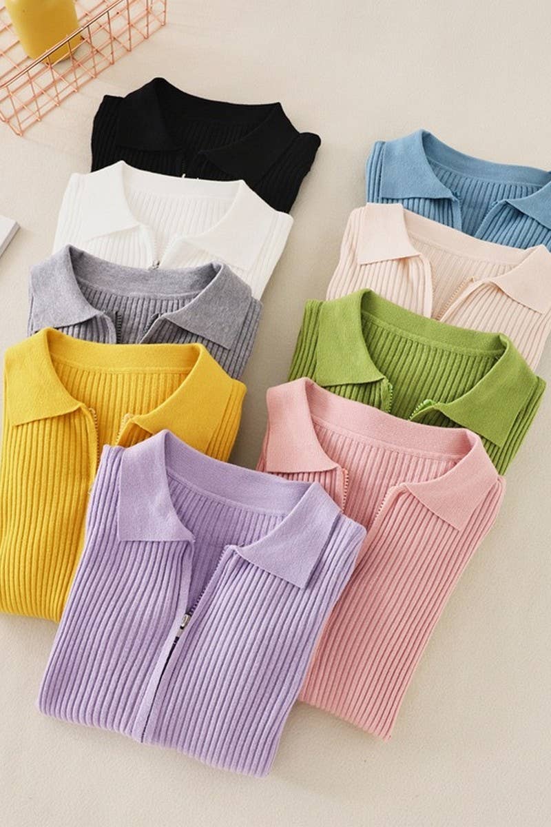 CWOSWL07283_SOLID SLIM KNIT LONG SLEEVE POLO TOP