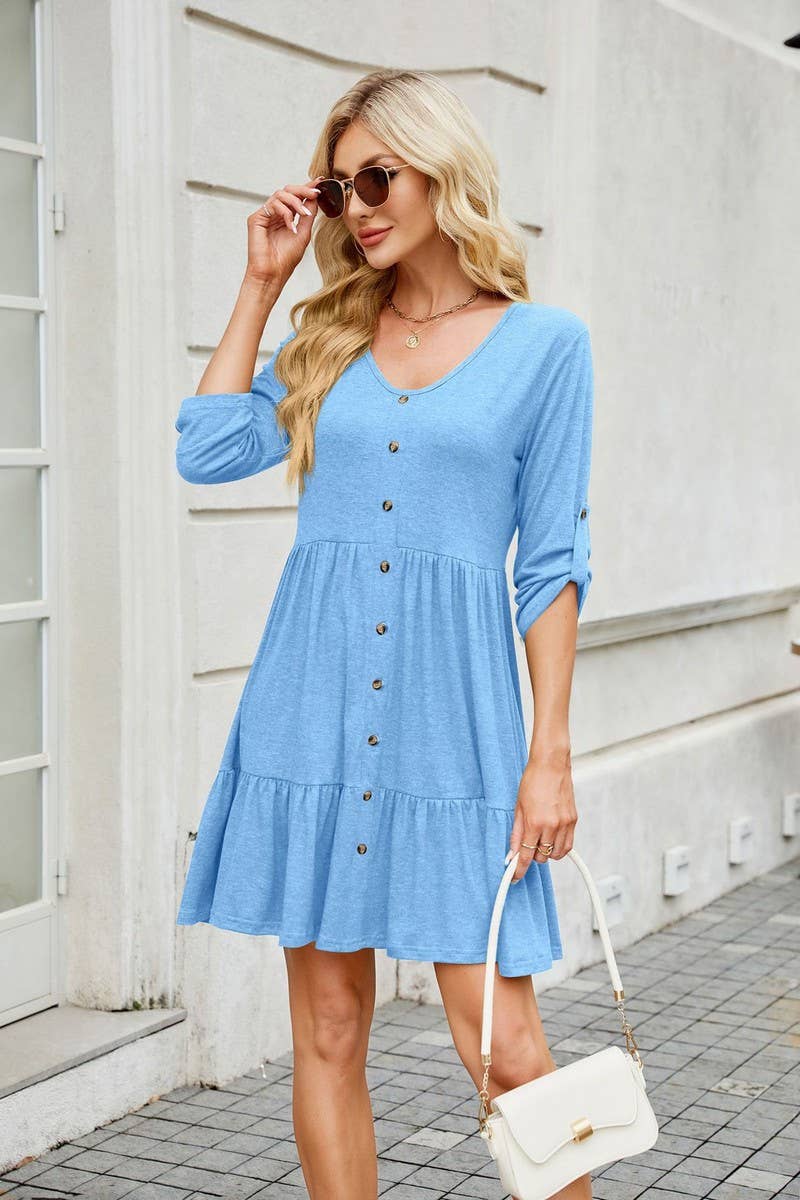 CWDSD7285_ROUND NECK BUTTON GATHERED ELBOW SLEEVE DRESS