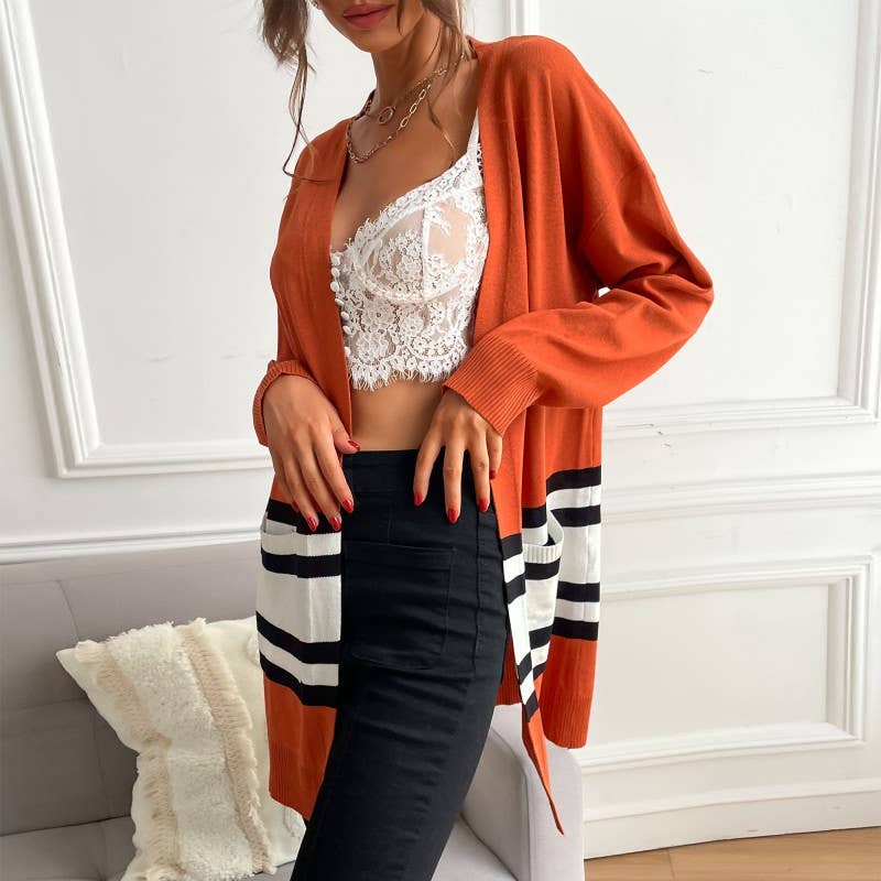STRIPED CONTRAST COLOR KNIT CARDIGAN CASUAL