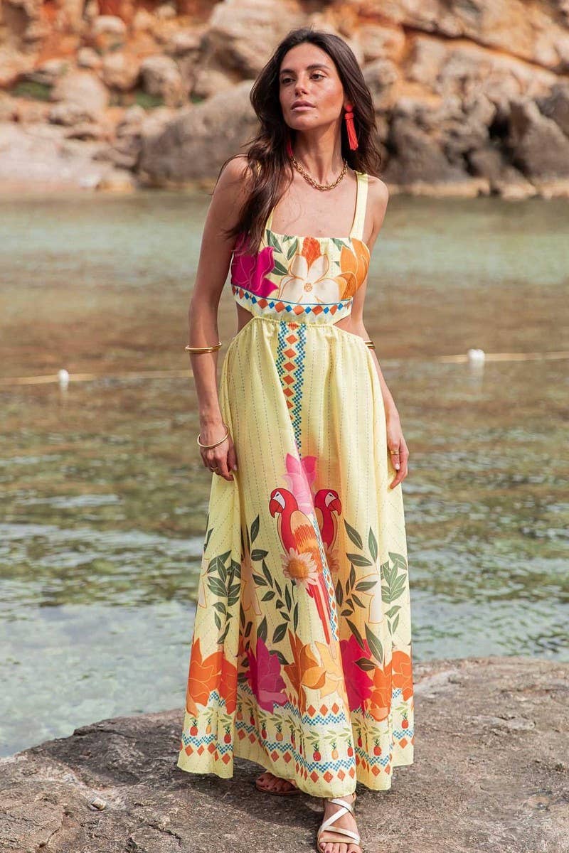 CWDMD6483_POSITIONING PRINT WAIST-BARING TIE-WAIST DRESS