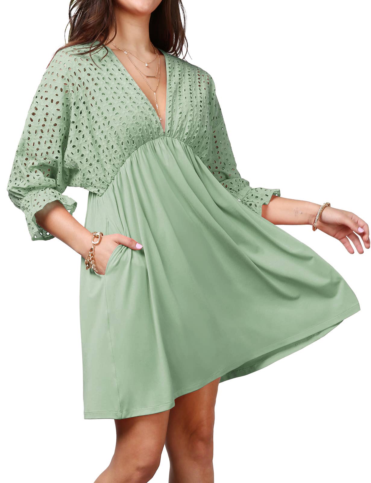 CWDSD10370_COTTON EYELET CONT BODICE WITH 3/4 SLEEVE DRESS