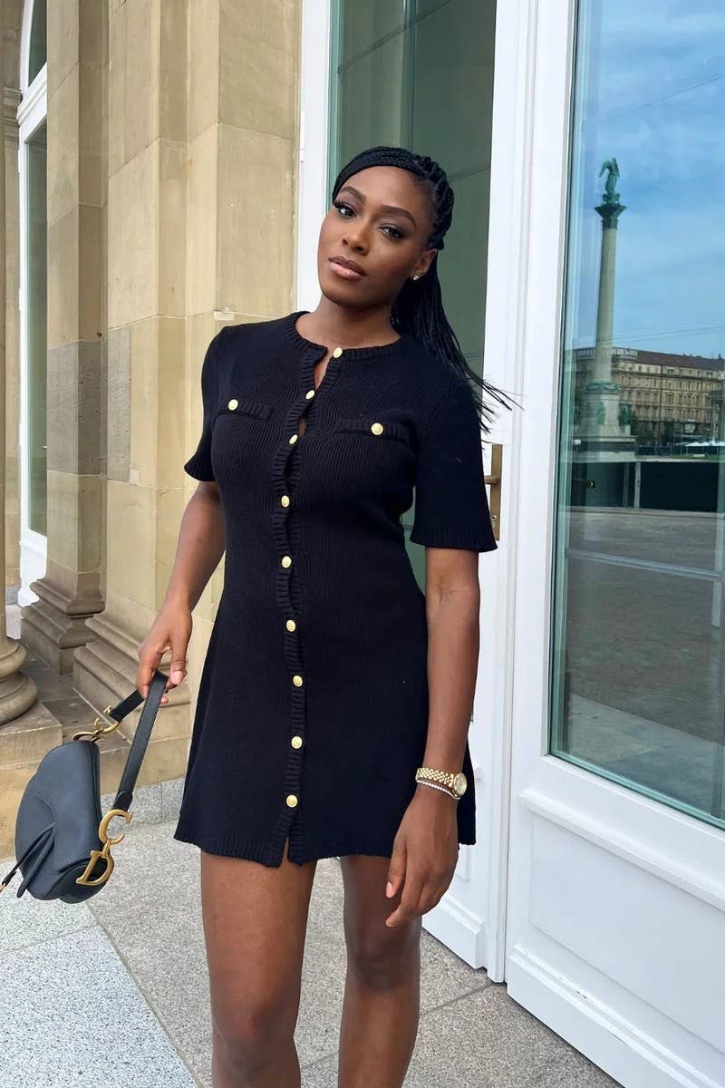 CWDSD6600_SHORT SLEEVE BUTTON KNIT SWEATER DRESS