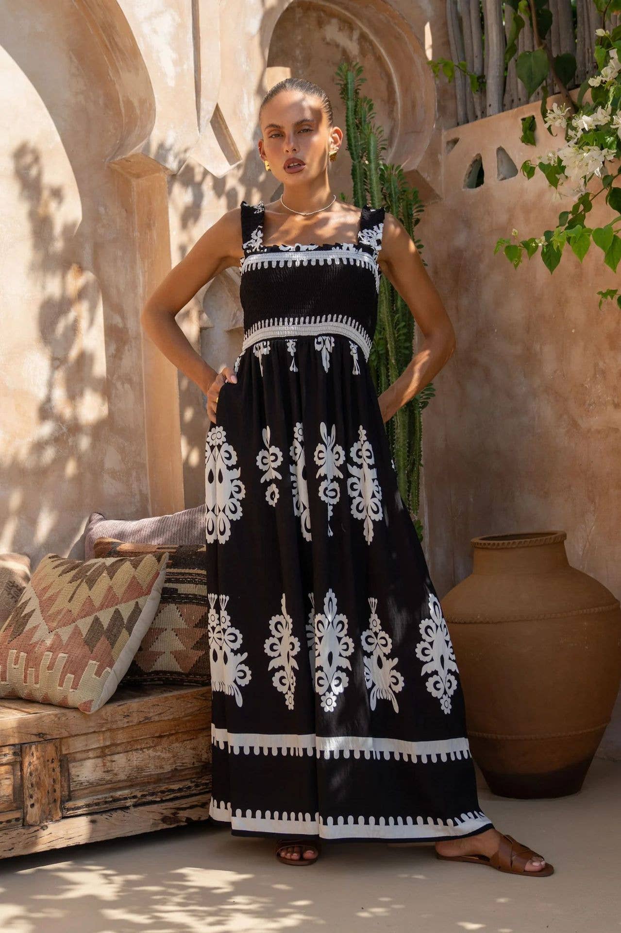 Ethnic-style printed loose-fitting halter dress