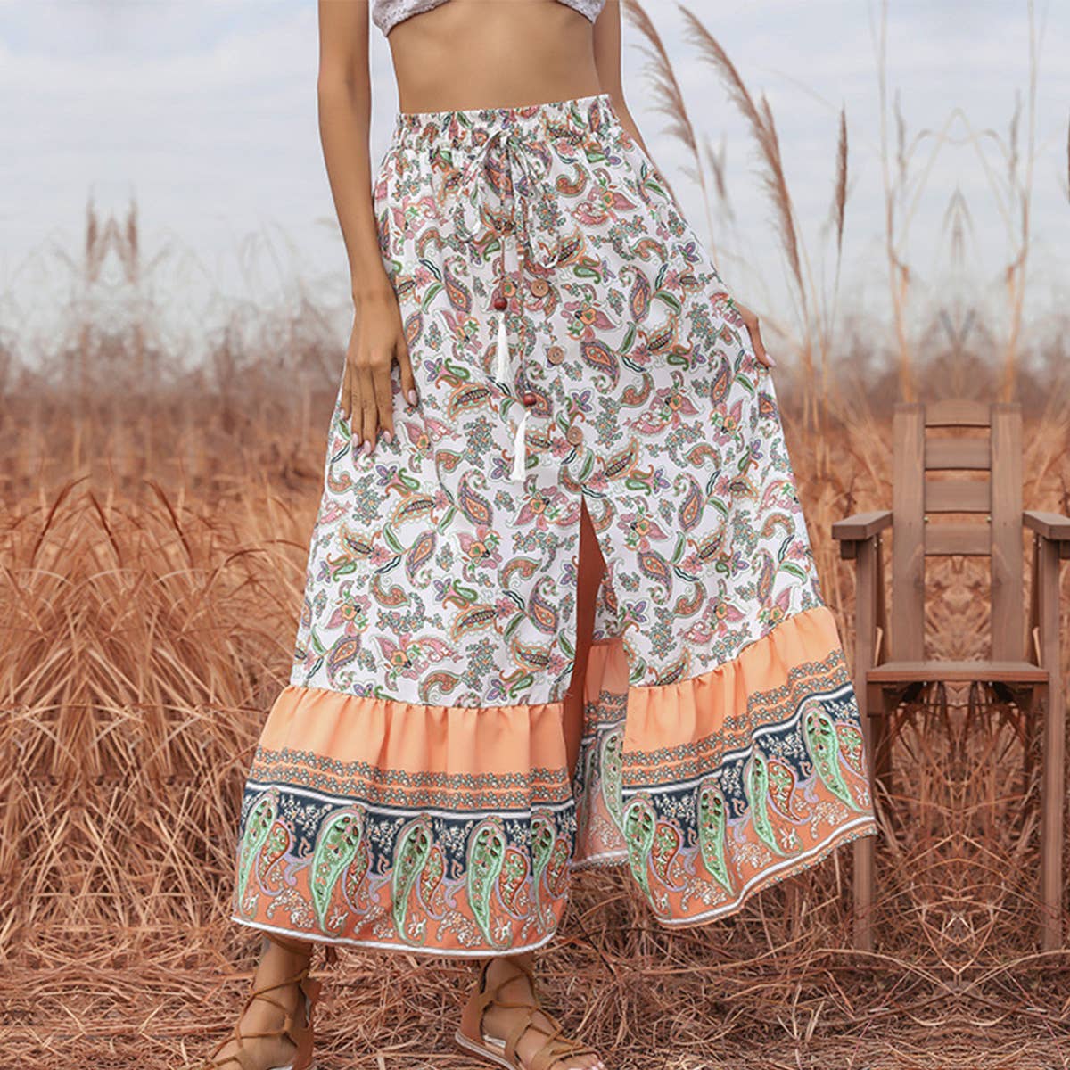 SPLIT LACE-UP BOHEMIAN FLORAL SKIRT