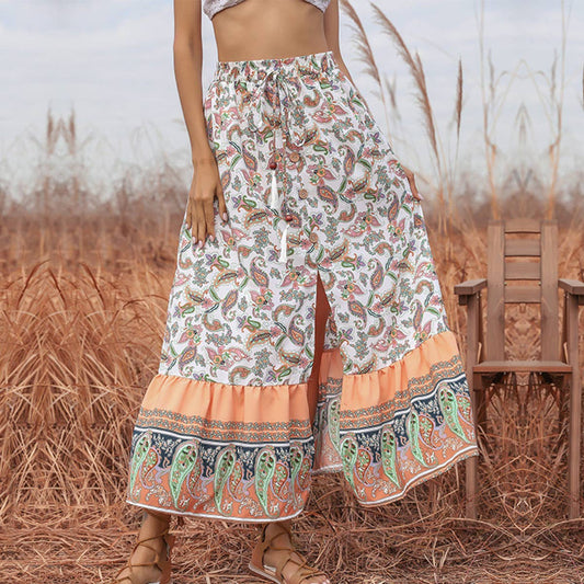 SPLIT LACE-UP BOHEMIAN FLORAL SKIRT
