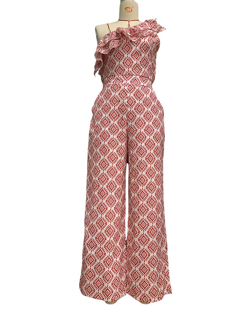 SLANT SHOULDER SLEEVELESS LONG PRINTED JUMPSUIT
