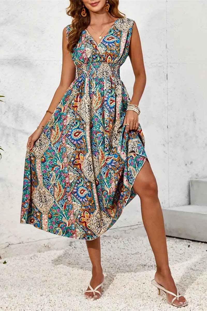 CWDMD5083_SUMMER V-NECK SLEEVELESS CONTRAST COLOR DRESS