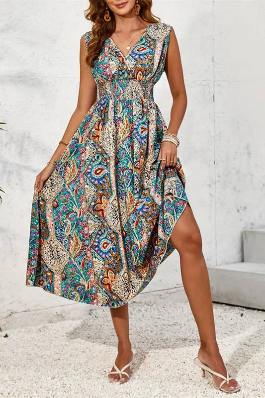 CWDMD5083_SUMMER V-NECK SLEEVELESS CONTRAST COLOR DRESS