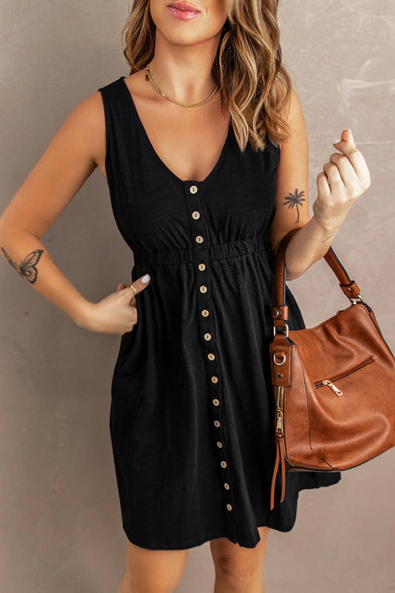 CWDHL0586_SLEEVELESS V-NECK SINGLE BREASTED DRESS SHORT