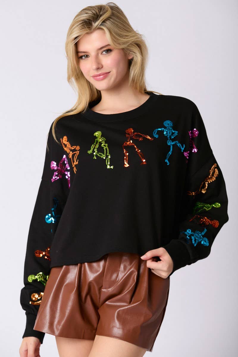 CWOSWL07752_HALLOWEEN SKELETON SEQUIN TOP LOOSE SWEATSHIRT