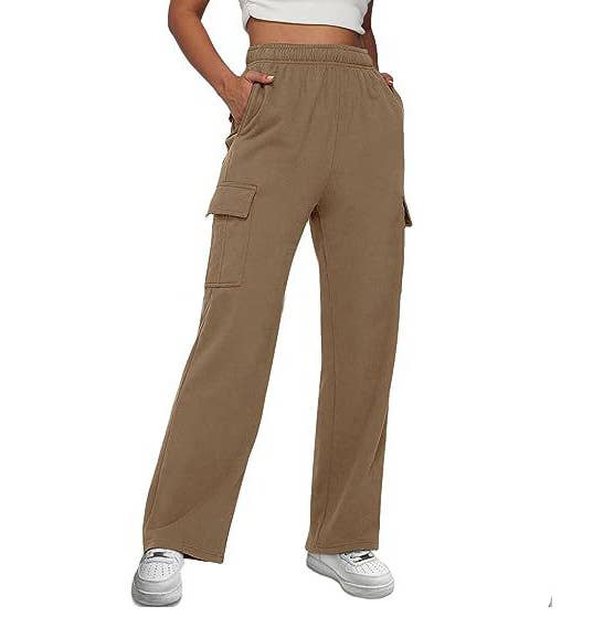 SOLID COLOR HIGH-WAISTED STRAIGHT LEG CARGO PANTS