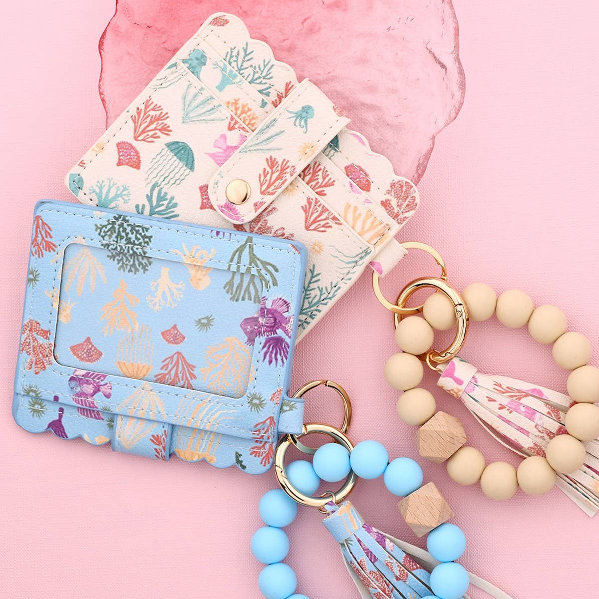 Ocean Print Fruit Card Wallet with Bead Keychain_CUAB00440