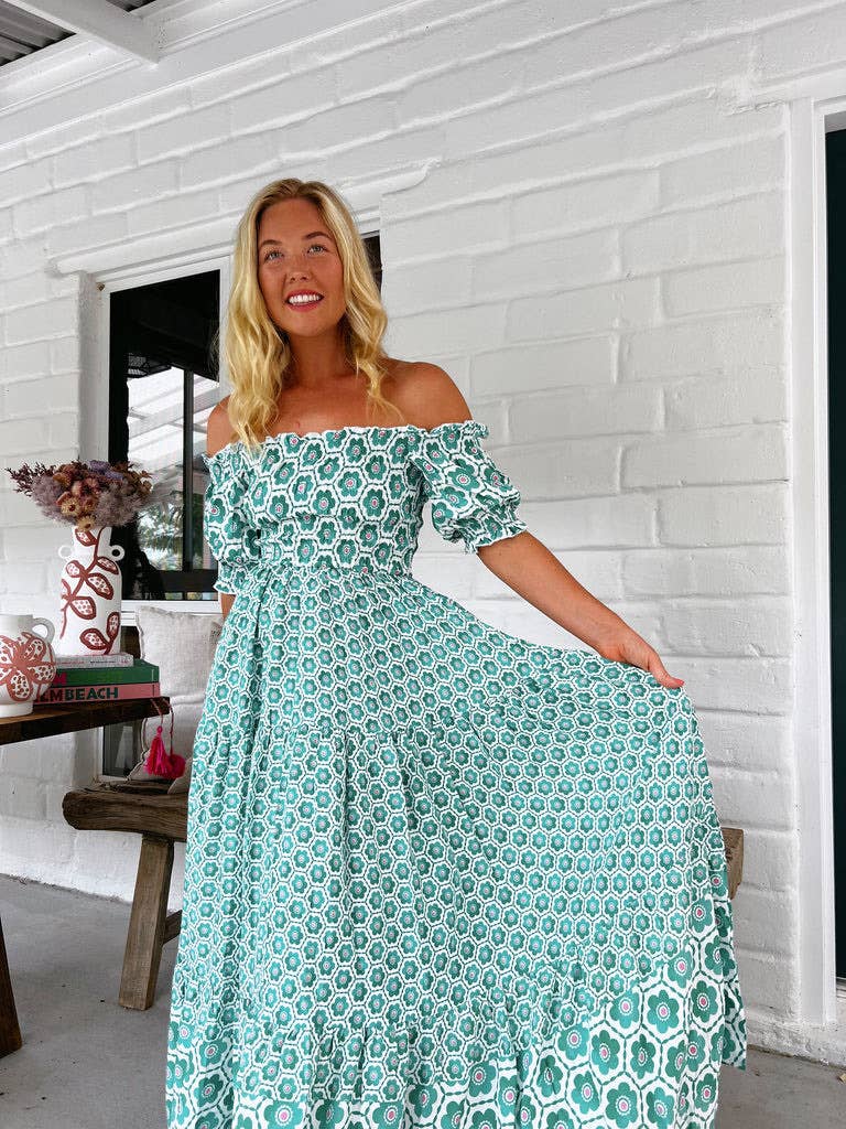 Print puffed sleeves large swing long waist dress