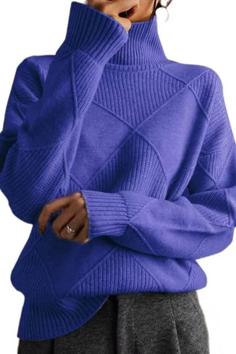 CWOSWL07650_SOLID COLOR HIGH COLLAR DIAMOND CHECK SWEATER