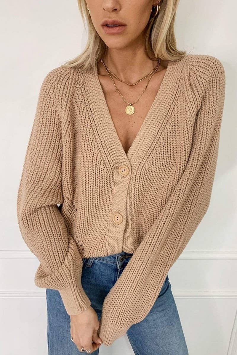 Solid color V-neck lantern sleeve button knit cardigan