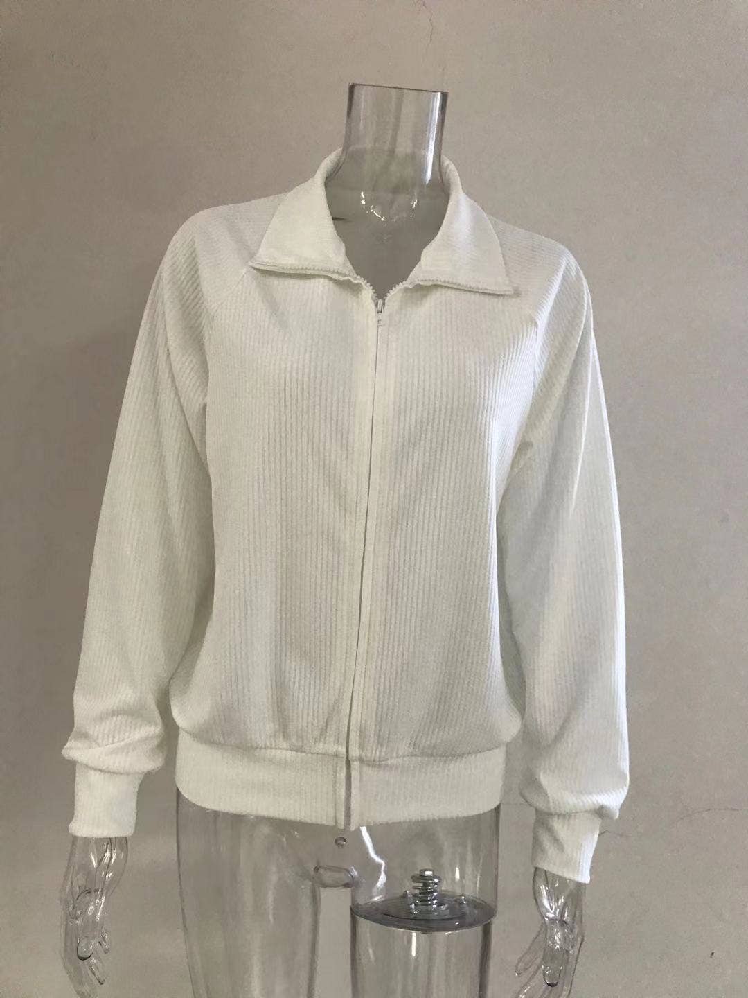 STRIPED LAPEL SOLID COLOR KNIT ZIPPER CARDIGAN