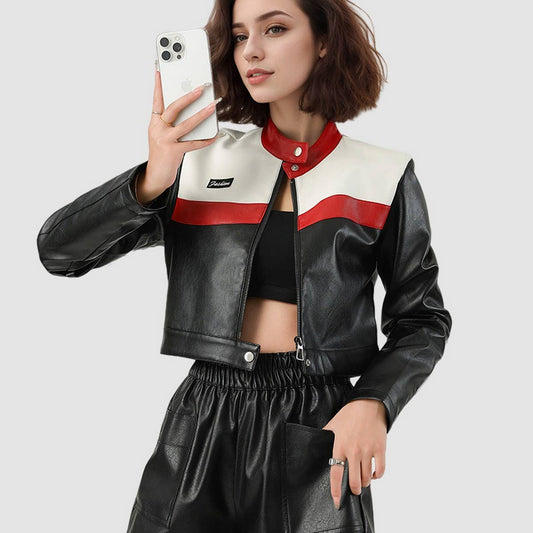 Colorblock Biker Bomber ? Cropped PU Jacket Women