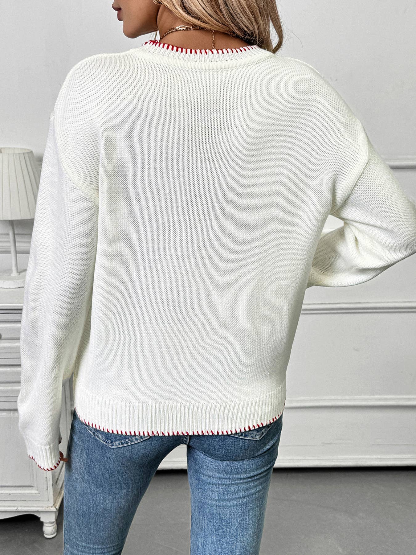 Strawberry jacquard round-neck stitched sweater