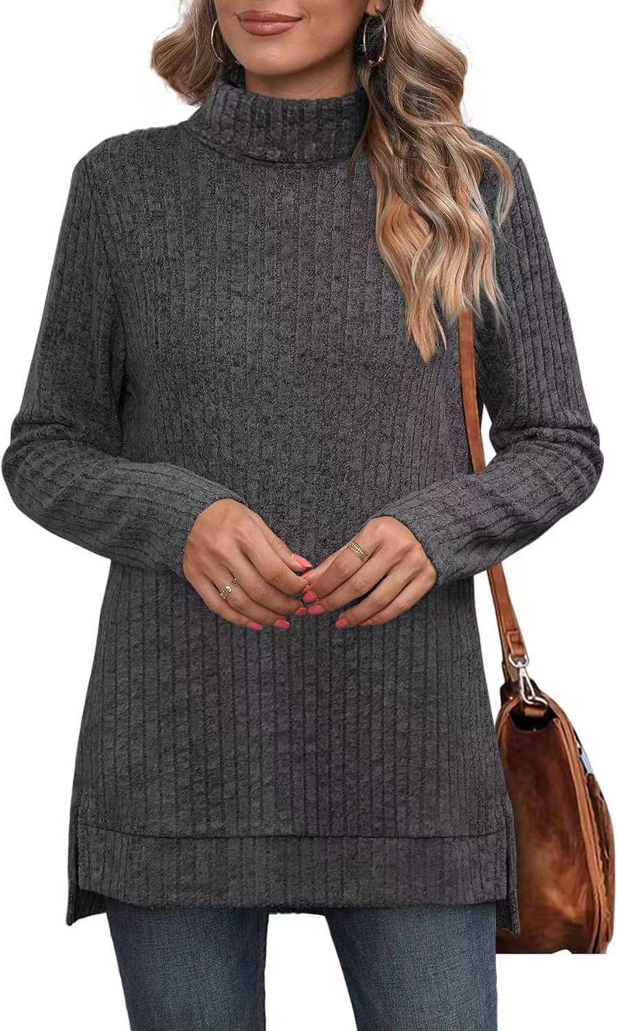 SOLID COLOR HIGH NECK SLIT SLIT LOOSE T-SHIRT